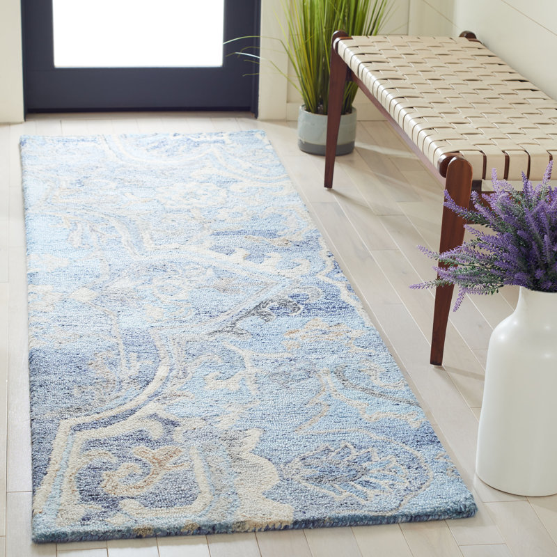 Tapis bleu / gris touffeté à la main Castillon, Tapis de couloir de 2 pi 6 po x 8 pi