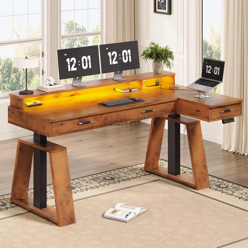 Bureau debout électrique en forme de L 59 "avec tiroirs, Brun