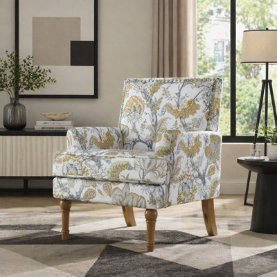 Floral Accent Chair with Nailhead Trim and Solid Wood Legs, Upholstered Traditional Armchair for Living Room and Bedroom