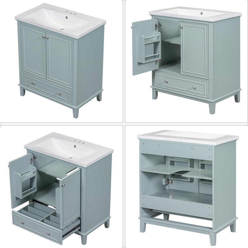 Meuble-lavabo simple 30 po avec plateau en céramique Kwei, armoire de salle de bain avec portes et tiroir, Green