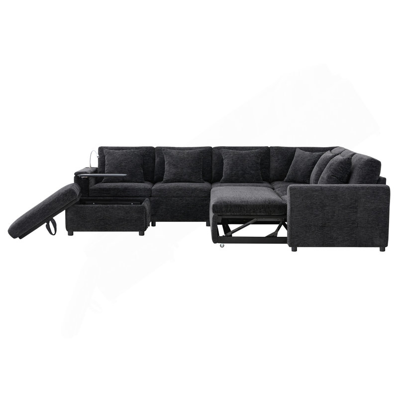 Canapé-lit modulaire coulissant 117 * 90 po avec panneau de table rabattable, lampe de lecture, ports de charge, repose-pieds de rangement, conception capitonnée, 6 coussins, combinaison surdimensionnée et libre, chenille, 2 couleurs