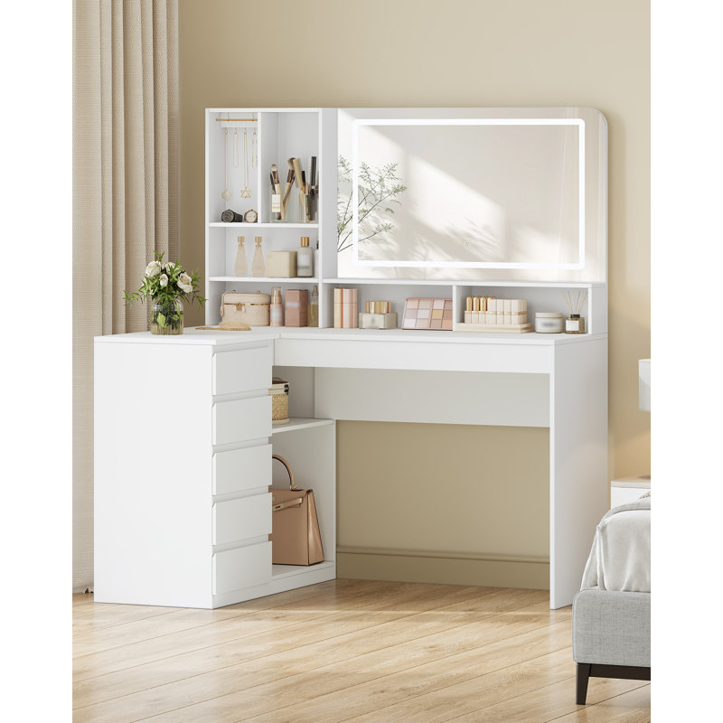 Dressing Table with LED Lighting, Corner Vanity Desk with Large Mirror, 5 Drawers, 7 Open Shelves, Bedroom