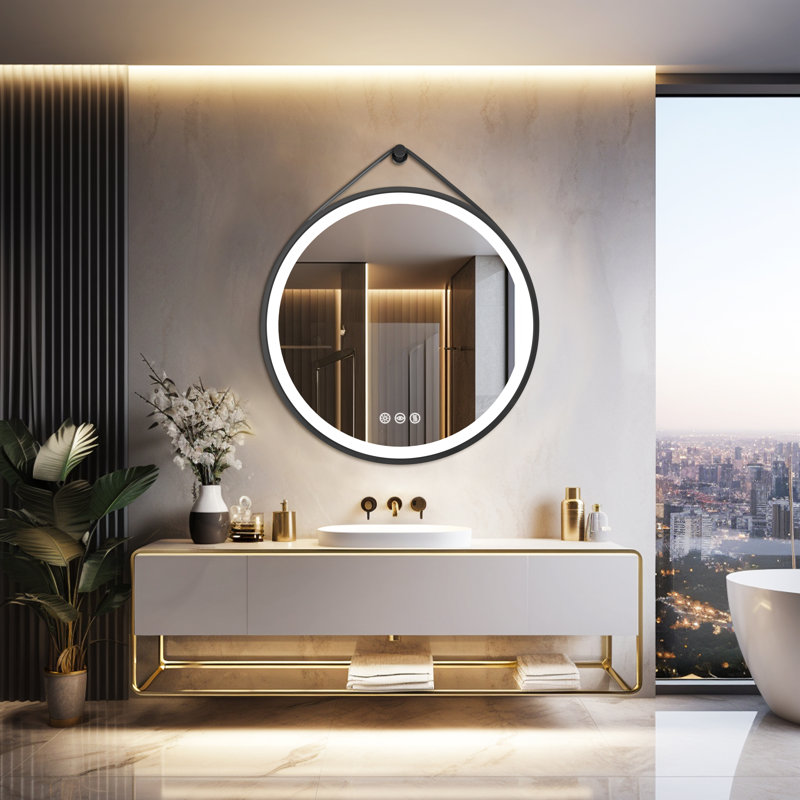 Miroir rond de salle de bain à DEL, miroir de maquillage mural pour meuble-lavabo avec sangle en cuir, 3 températures de couleur à intensité variable, fonction antibuée et mémoire, miroir mural à DEL