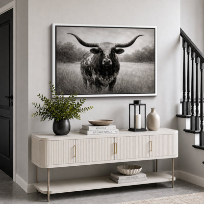 «Black and White Longhorn Bull Farmhouse», images de bureau, impression sur toile encadrée, impression numérique