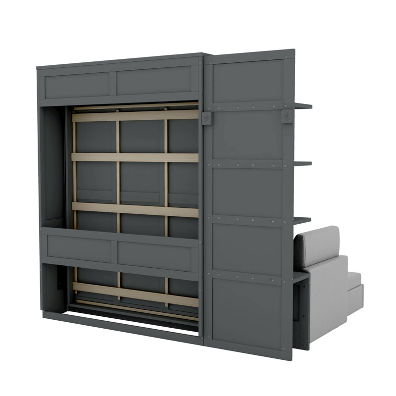 Grand lit escamotable multifonctionnel avec rangement et canapé, gris