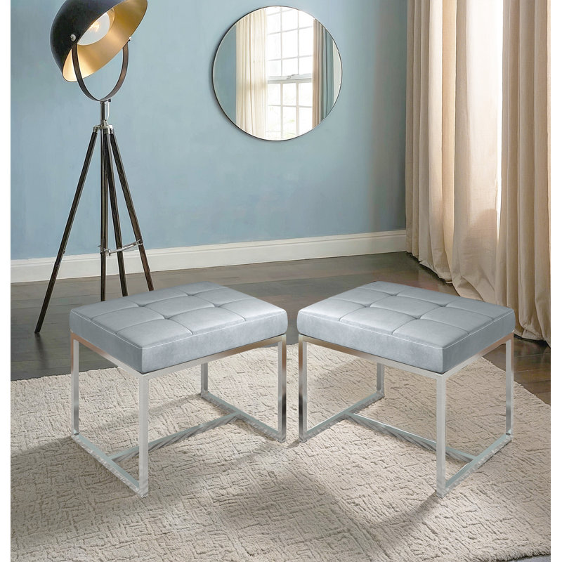 Finley Velvet Stool With Metal Base (pair), Silver Grey