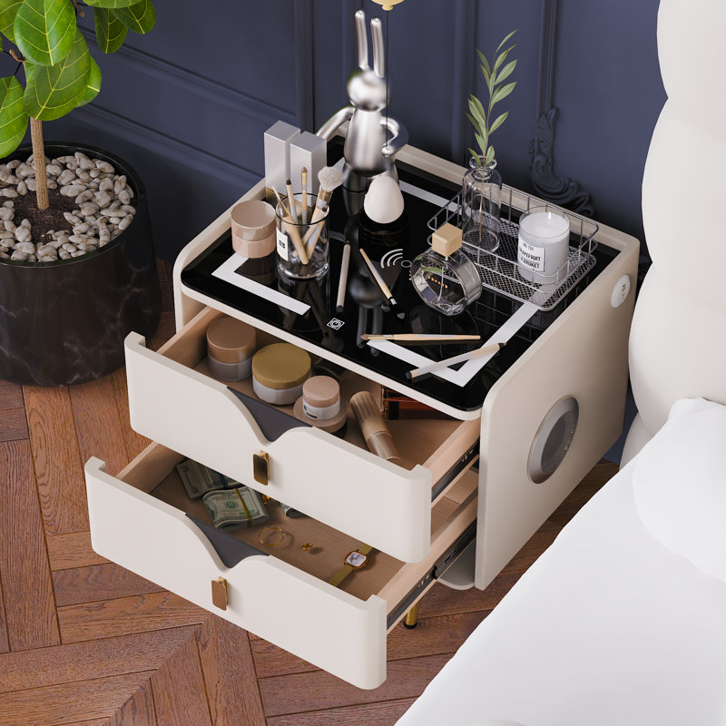 20"Smart nightstand with USB Wireless Charging, LED 3-Color Lights, and Bluetooth Speakers, Beige/Black