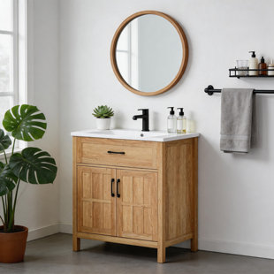 Natural Oak Bathroom Vanity Cabinet With Black Hardware And Integrated Sink