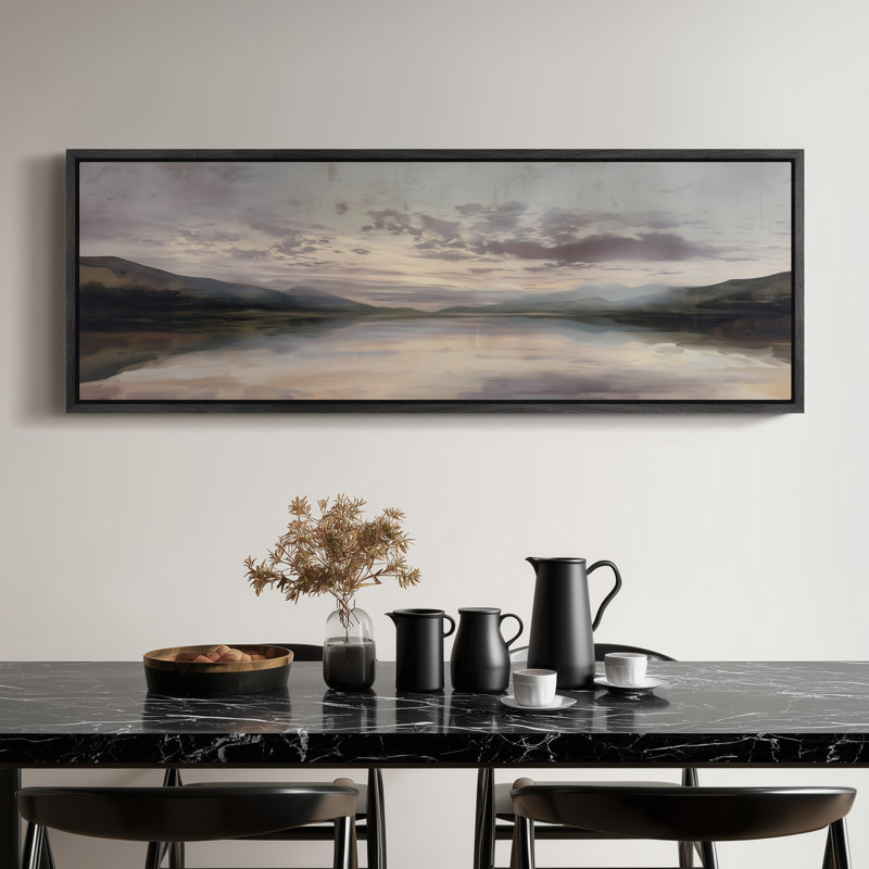 «Tranquil Lakeside Sunset in Pastel Skies», impression murale pour chambre à coucher, H 20 po x l 60 po, Noir