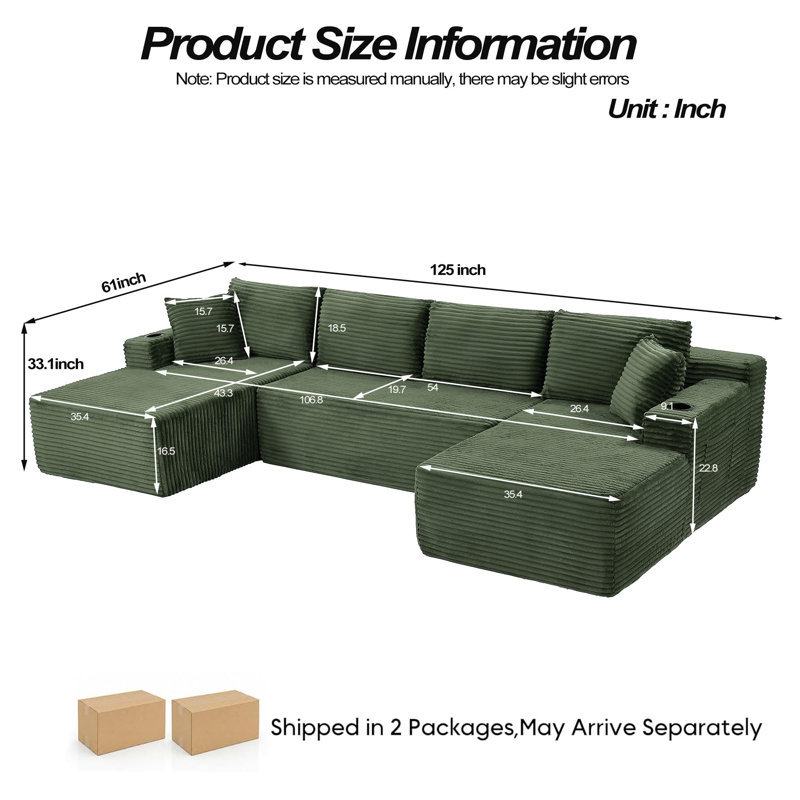 Canapé modulaire de 125 po sans os, modulaire et désossé, vert, Vert