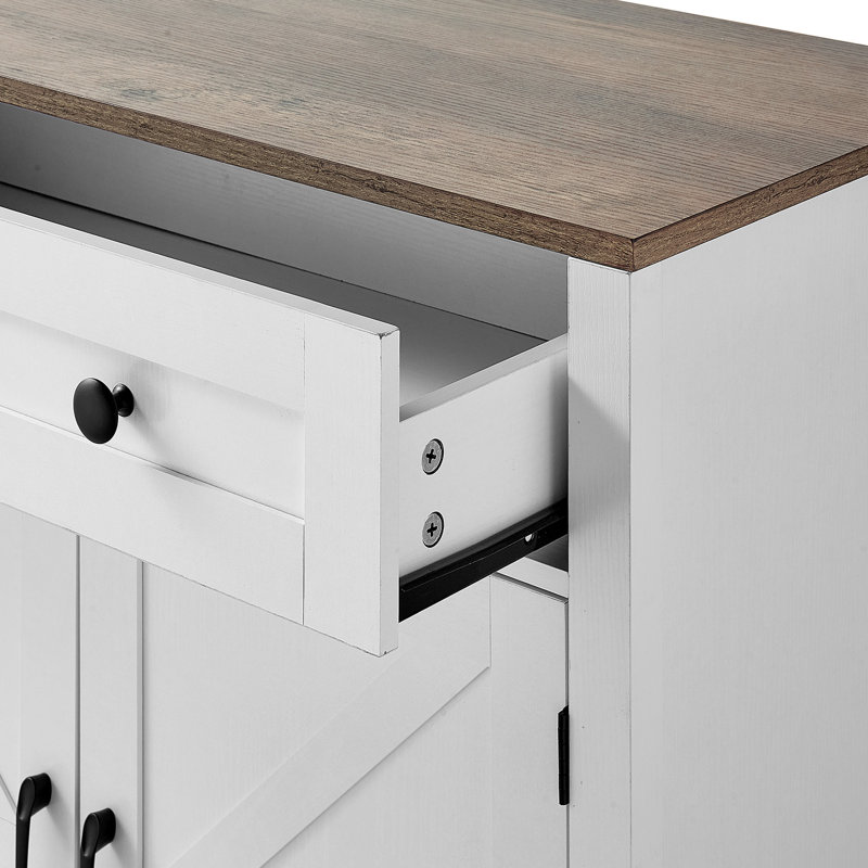 Coffee Bar Cabinet, Farmhouse Coffee Bar Table with Drawer, Buffet Stand Cabinet with 2 Barn Door, Sideboard Buffet Station for Living Room, Entryway, Kitchen, 29.5 x 14.7 x 31.5 in, White