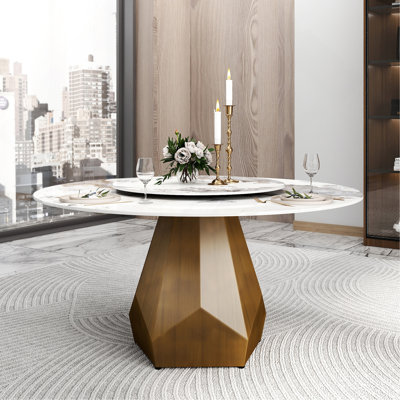 Table de salle à manger 59,05 po ronde en marbre avec base en métal, marbre artificiel pour 6 à 8 personnes, table tournante en pierre artificielle blanche 31,5 po, blanc (table de salle à manger seulement)