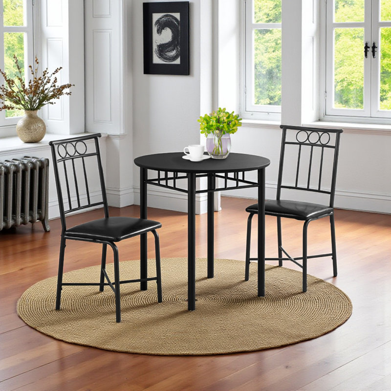 Richard 3Pc Dining Table Set And 2 Chairs, Black Metal, Leather Like Fabric
