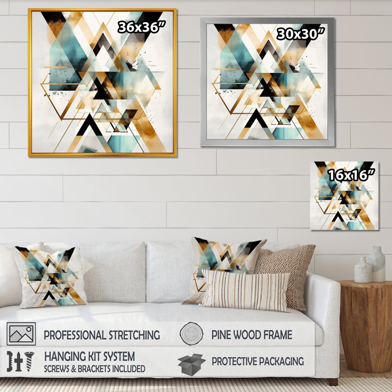 Triangle vert Boho IV - impressions sur toile géométriques modernes, H 16 po x l 16 po x P 1 po, Toile avec cadre flottant or