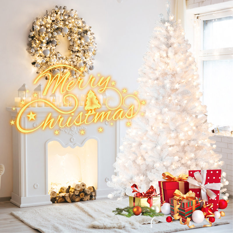 Arbre de Noël blanc 9 pi pré-éclairé avec fil mémoire - 650 lumières incandescentes chaudes, extrémités de 1930, conception à dépliage automatique, support en métal stable, arbre de Noël artificiel en PVC