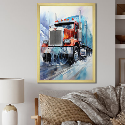 Winston Porter Red Semi Truck In Winter II Framed On Canvas Print | Wayfair