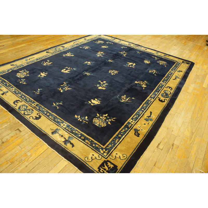 Antique Peking Chinese Floral Beige, Blue Navy 1930s Rug
