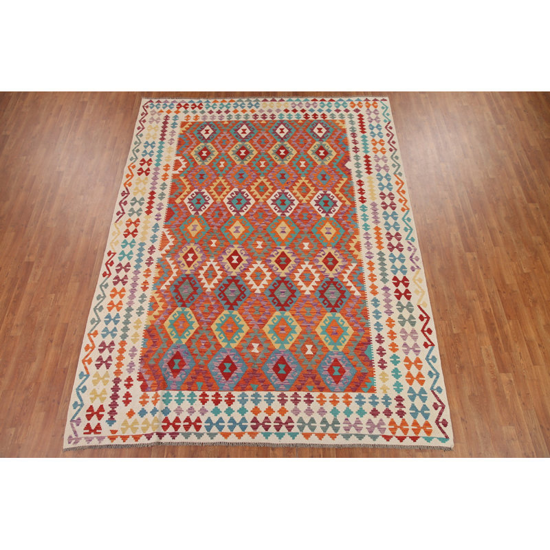 Tapis oriental géométrique en laine Kilim 8 x 11
