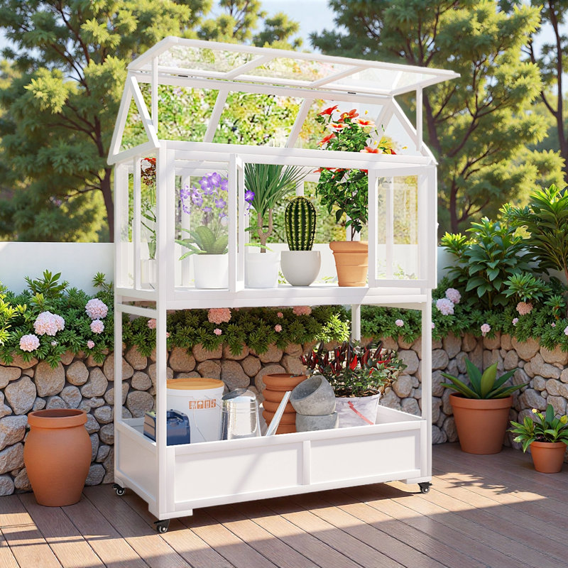 Mini serre portative en bois avec roues mobiles et jardin avec jardin et jardin, Blanc