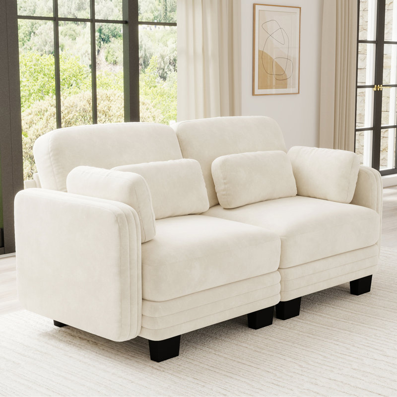 Canapé modulaire capitonné à deux places, chenille beige, dossier réglable