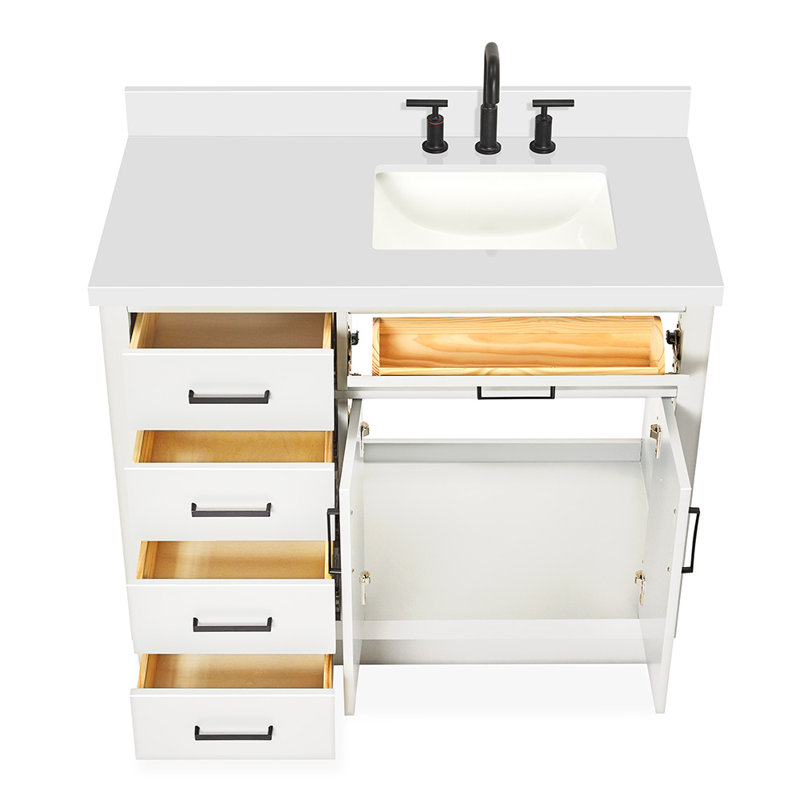 Tidworth 42'' Solid Wood Single Bathroom Vanity with 1.5'' Quartz Top, White, Right, Rectangular