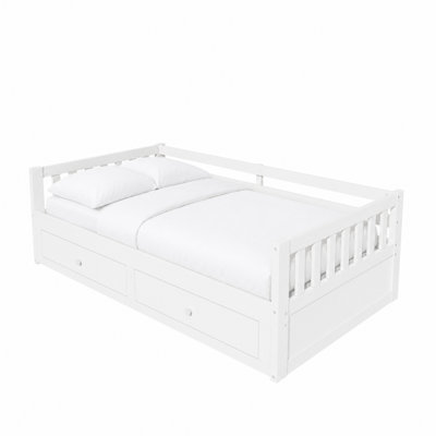 Twin to King Convertible Wood Daybed with Pull-Out Trundle, Guardrails, 2 Drawers, Slat Support, White