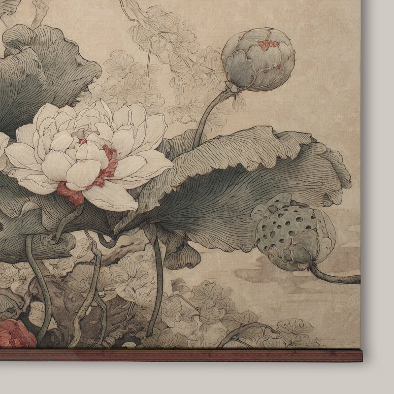 Tenture murale Lotus Blossom - reproduction d'une toile botanique asiatique rétro avec crochets en bois, H 40 po x l 60 po