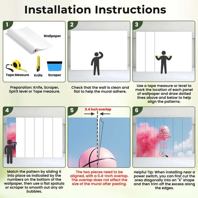 Murale auto-adhésive pour chambre à coucher avec panier de basketball rose, L 144 po x l 100 po