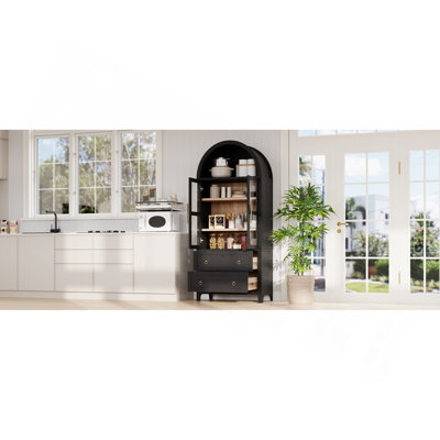 Armoire de cuisine cintrée de 180 cm de hauteur avec 2 grands tiroirs, style ferme moderne, étagères réglables, porte vitrée, meuble polyvalent en bois pour cuisine et salle à manger, noir