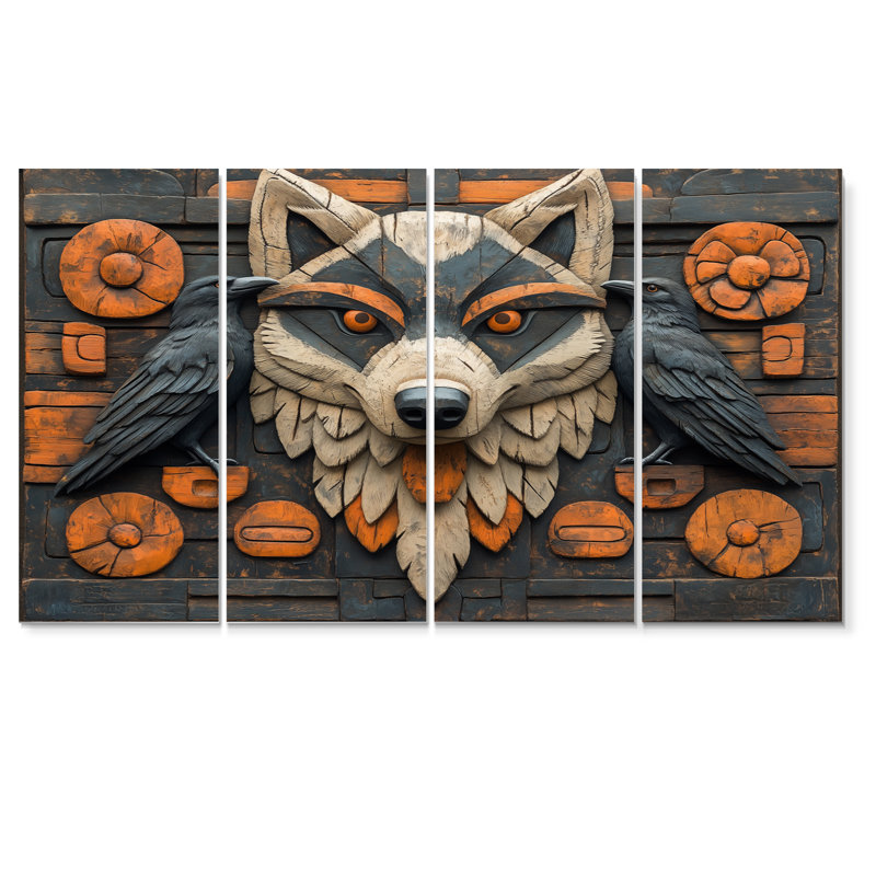 Orange Wolf And Den Totem II - Native American Art Totem Wall Decor Set, 32" H x 64" W