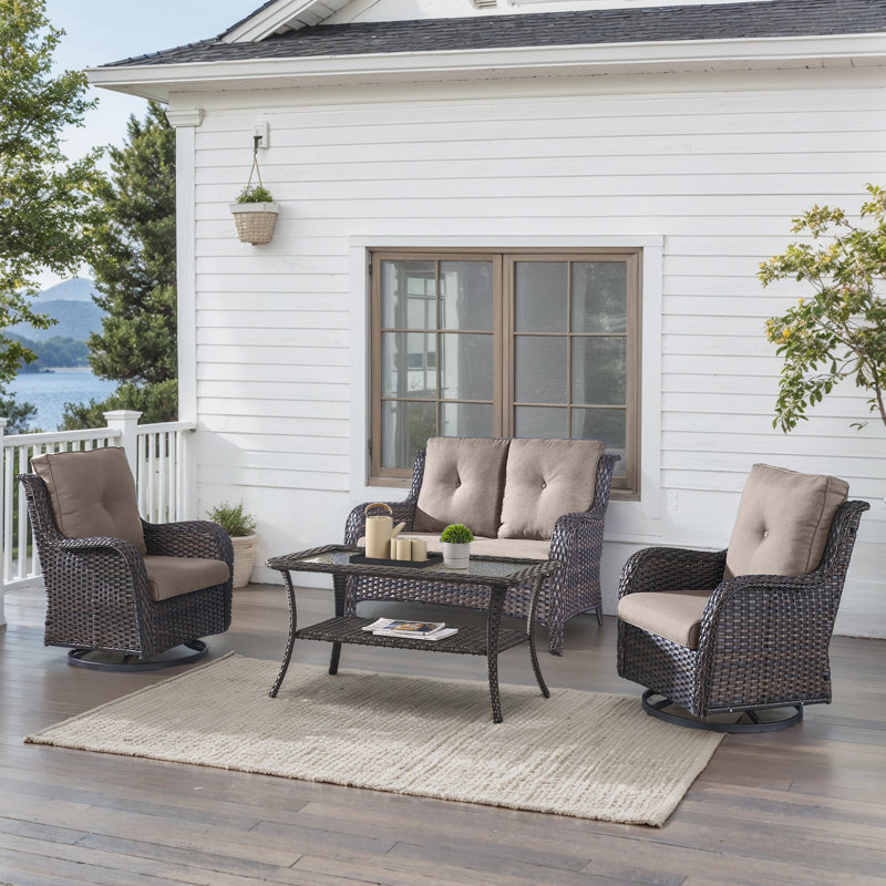 Carolina 4-Person Square Outdoor Conversation Set With Loveseat And Swivel Glide Chair, Brown, Tan