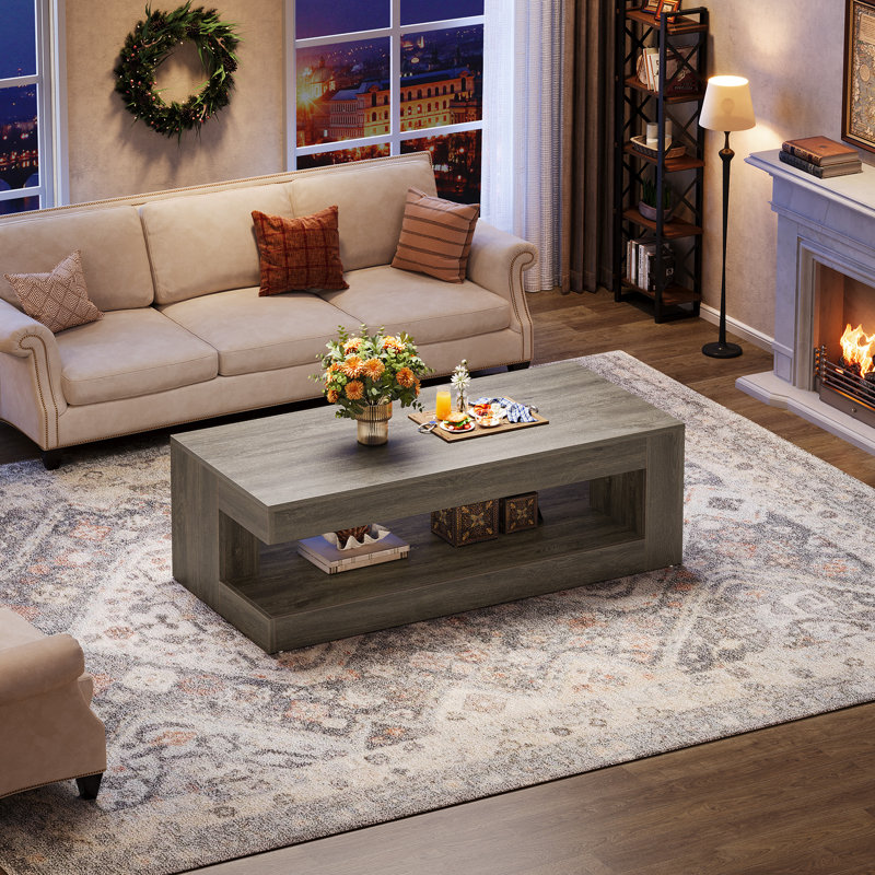 47.24'' Rectangular Coffee Table For Living Room, Farmhouse 2-tier Accent Center Tea Cocktail Table With Storage, Gray