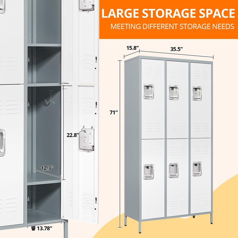 35.5 Inch Wide Metal Large Employee Locker with 6 Compartments, Gray White