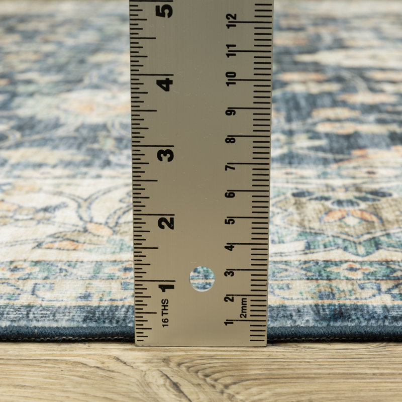 Jacquarius Vintage Bordered Traditional Blue/Ivory Washable Area Rug Mat, Runner 2' x 8'