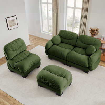 Pleated Design Cozy Modular Sofa with High-Density Ergonomic Foam Seat, Sectional Couch, Curved Round Armrests and 2 Round Throw Pillows