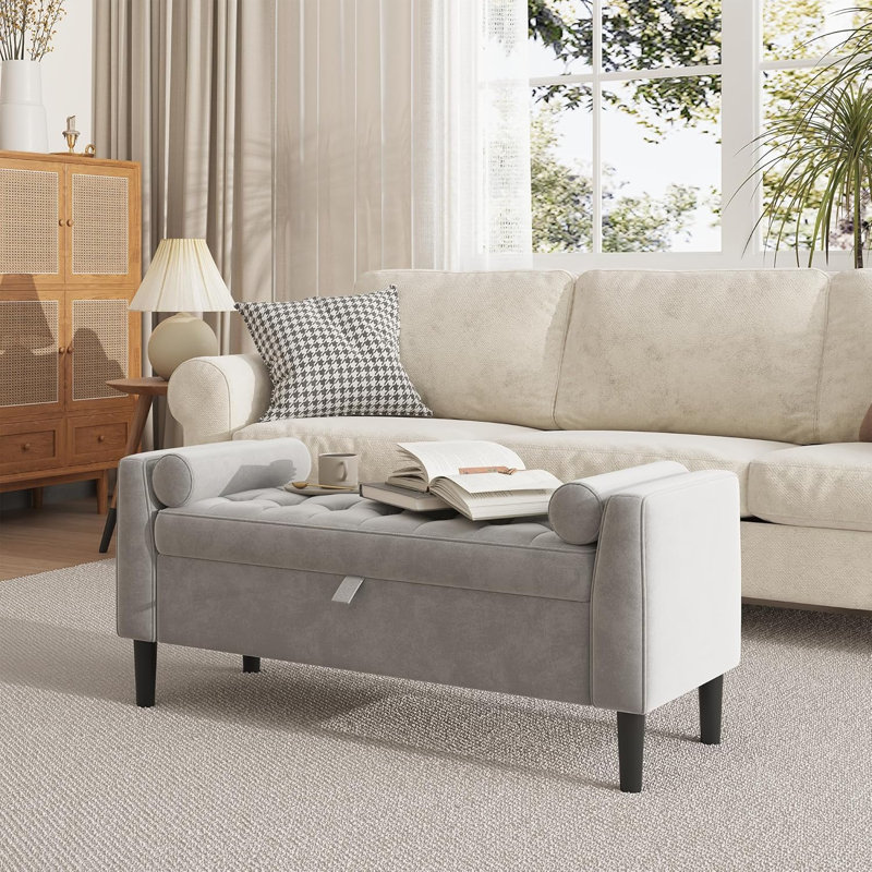 118cm Velvet Upholstered Storage Bench, Button Tufted Design, with Armrests & 2 Pillows, End of Bed Seating for Bedroom, Living Room & Hallway