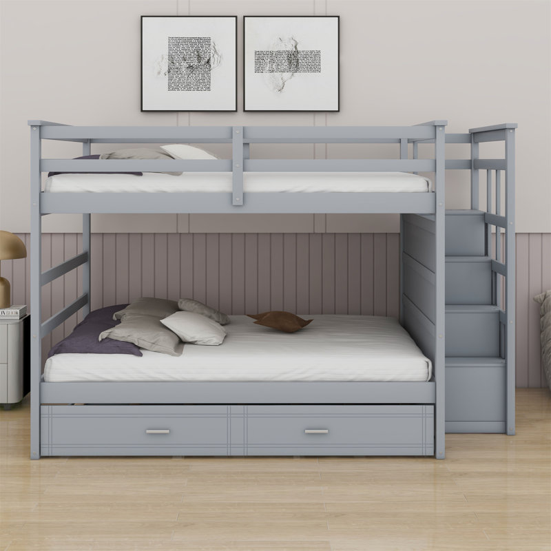 Bunk Bed With Trundle And Staircase, Gray