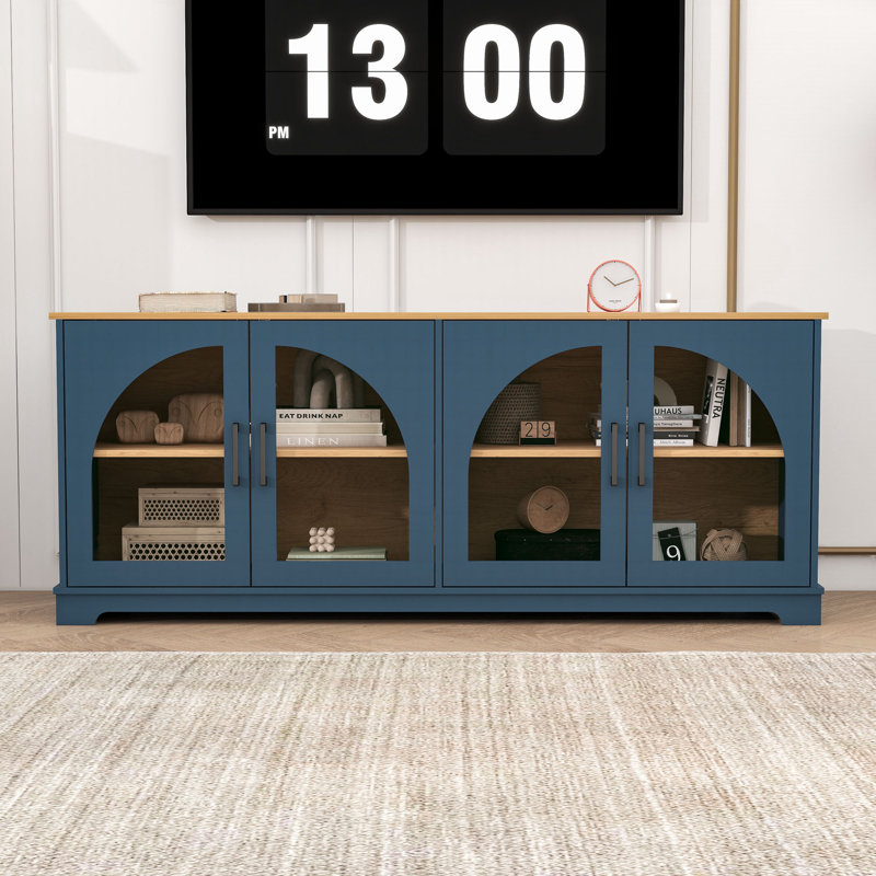 Élégant meuble télé à deux tons avec portes d'armoires en verre, rangement spacieux et gestion des câbles, Bleu naturel
