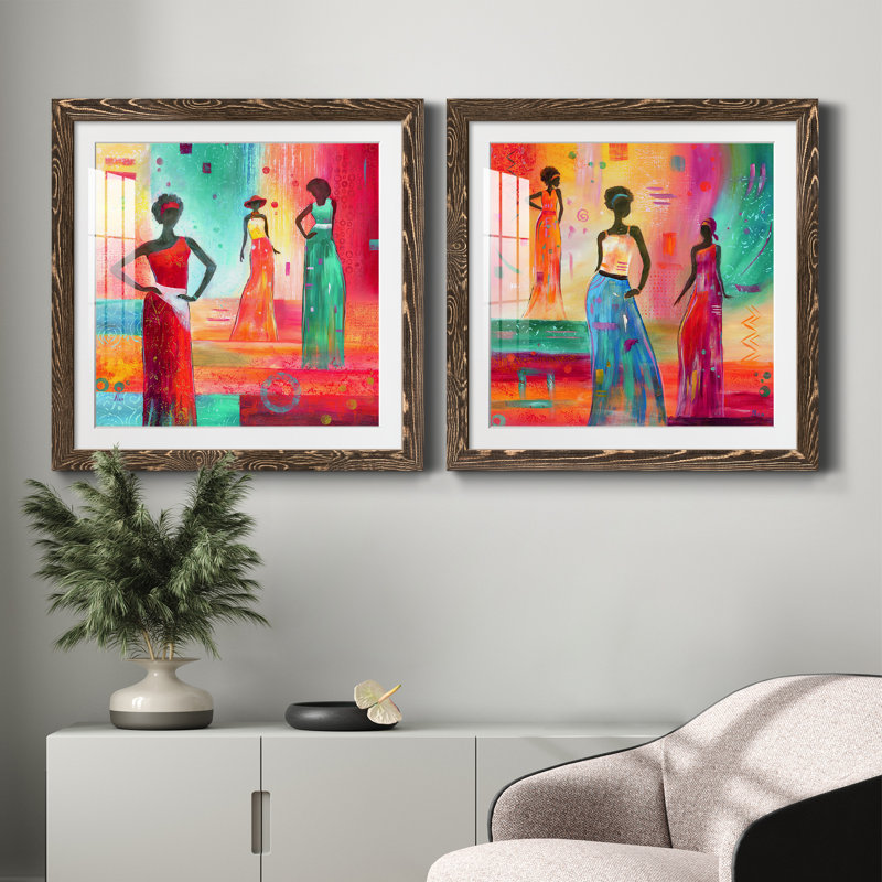 Strikse A Pose I - ensemble de 2 peintures encadrées, Encadré de bois de noyer, H 31,5 po x l 63 po x P 1,5 po
