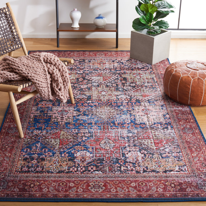 Tucson Vintage Look Machine Washable Non-Slip Area Rug in Red & Dark Blue, Rectangle 183 x 274 cm