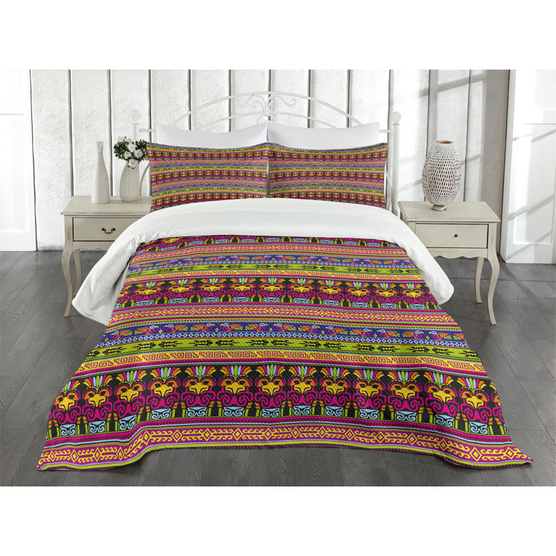 Ambesonne Prehistoric Bedspread Set Aztec Birds Borders Multicolor, King Bedspread + 2 Standard Shams