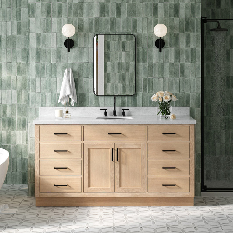 Meuble-lavabo simple en bois massif 66 po avec plateau en marbre de Carrare Tidworth, Blanc, Ovale