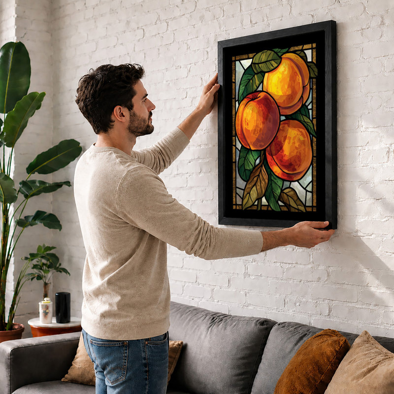 Stained Glass Peaches Vintage - Print, A1 - 84.1 x 59.4 cm, Black