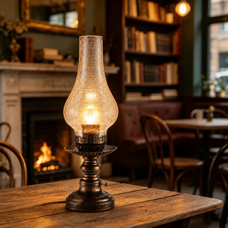 15.7" H Rechargeable Cordless Table Lamp, 5200mAh Battery, Amber Crackle Glass & 3-Level Touch Dimmer