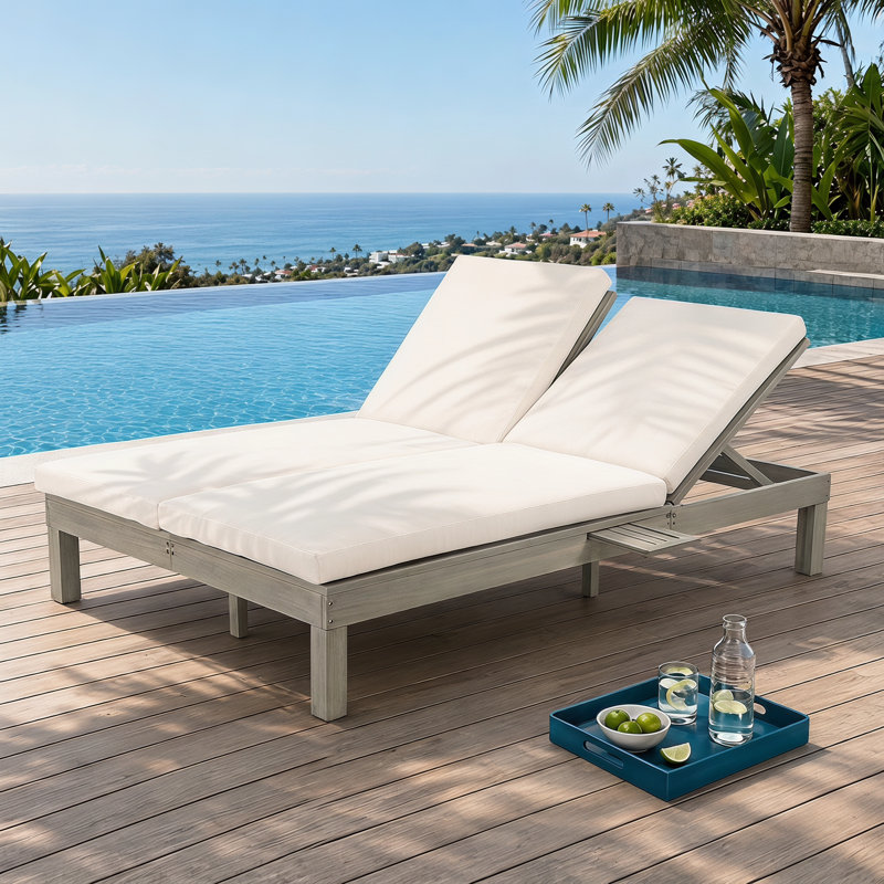 5-Position Reclining Double Chaise Lounge With Folding Side Tables - Ideal For Garden & Outdoor Relaxation, Gray Wood