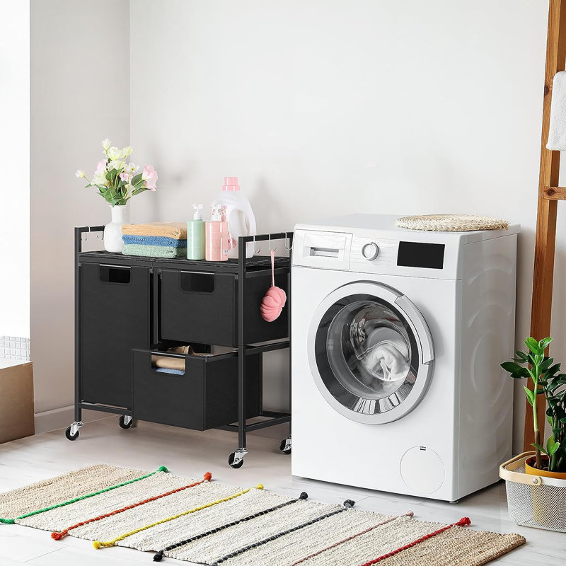 Trieur de linge roulant en métal avec poignées, Noir