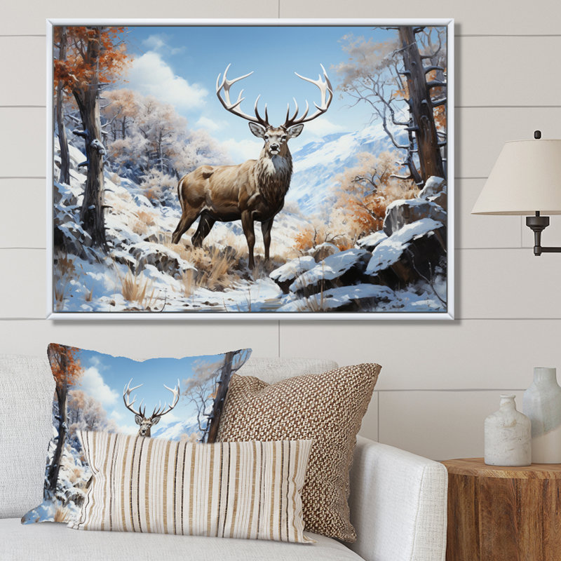 Deer Winters Elegance - Animals Wall Art Living Room, Toile à cadre flottant blanc, H 24 po x l 32 po x P 1 po