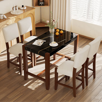 5-Piece Counter Height Dining Table Set, Faux Marble Bar Table And 4 Upholstered-Seat Chairs, Mid-Century Modern Dining Set For Dining Room, Pub Kitchen, Small Place