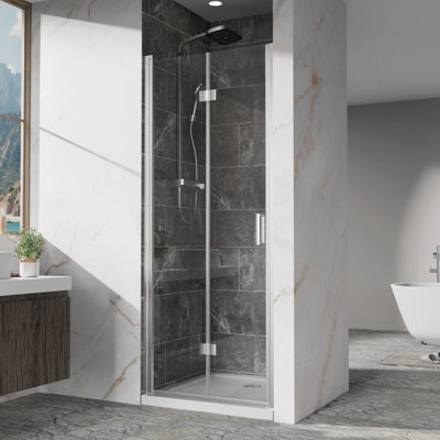 Shower Doors, Frameless Bi-Fold Swing Shower Door,1/4" (6Mm) Clear Tempered Glass Finish Hardware, Reversible Installation