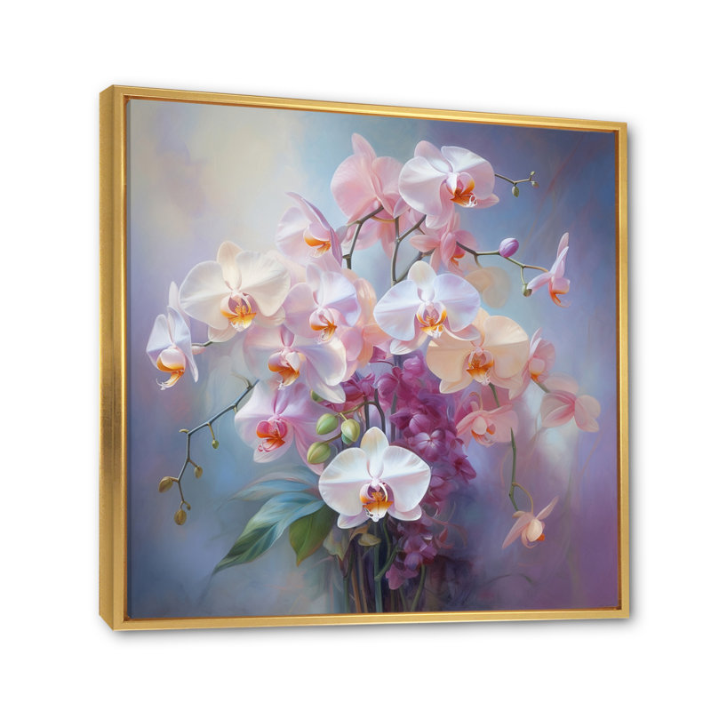 Impression romantique «Peach Orchids» - Impression, H 36 po x l 36 po x P 1,5 po, Cadre flottant doré